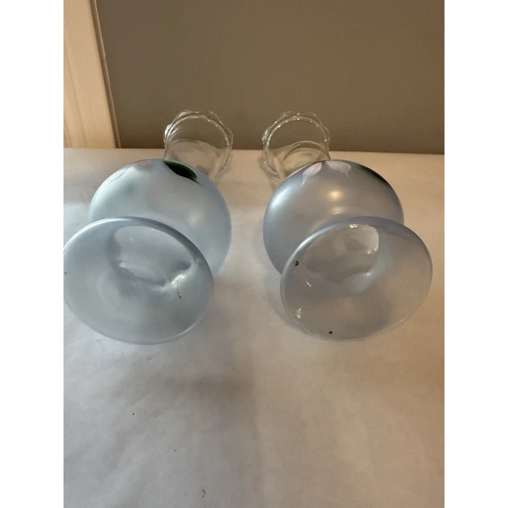 Pair Of 2 Bartlett Collins Vintage Clear - Frosted Glass Vases Hand Painted 9